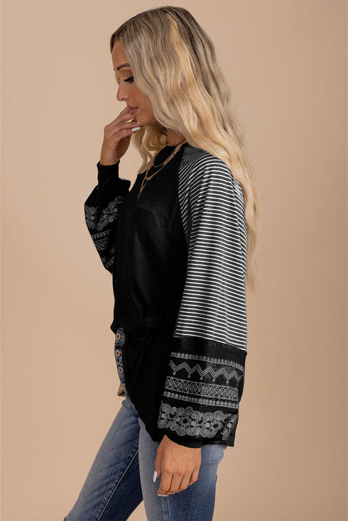 Contrast Print Striped Raglan Crew Neck Loose Long Sleeve Top
